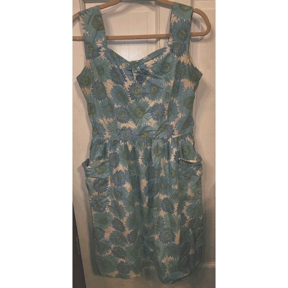 1940s Day dress Wayne Maid Pinafore pockets Size M Blue Sun Flowers Daisy's Vtg